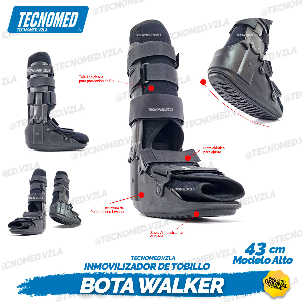 Bota ortopédica de marcha larga Tecnomed con soporte rígido para fracturas de pierna y tobillo.