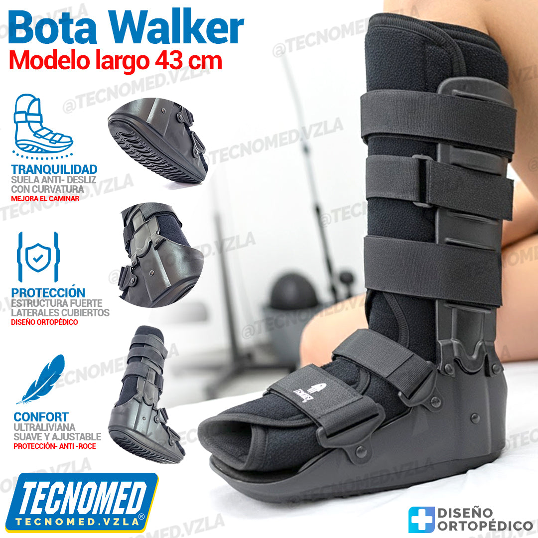 Bota ortopédica de marcha larga Tecnomed con soporte rígido para fracturas de pierna y tobillo.