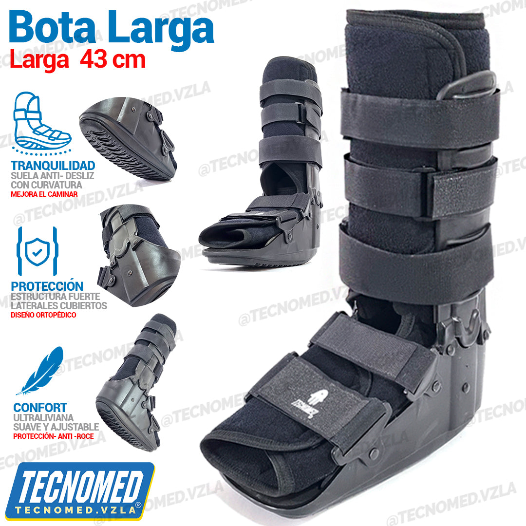 Bota ortopédica de marcha larga Tecnomed con soporte rígido para fracturas de pierna y tobillo.