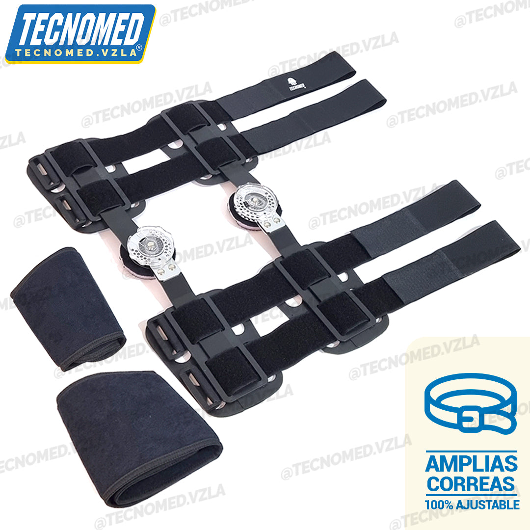 Brace de rodilla articulado Tecnomed de longitud ajustable con férulas laterales para soporte postoperatorio.