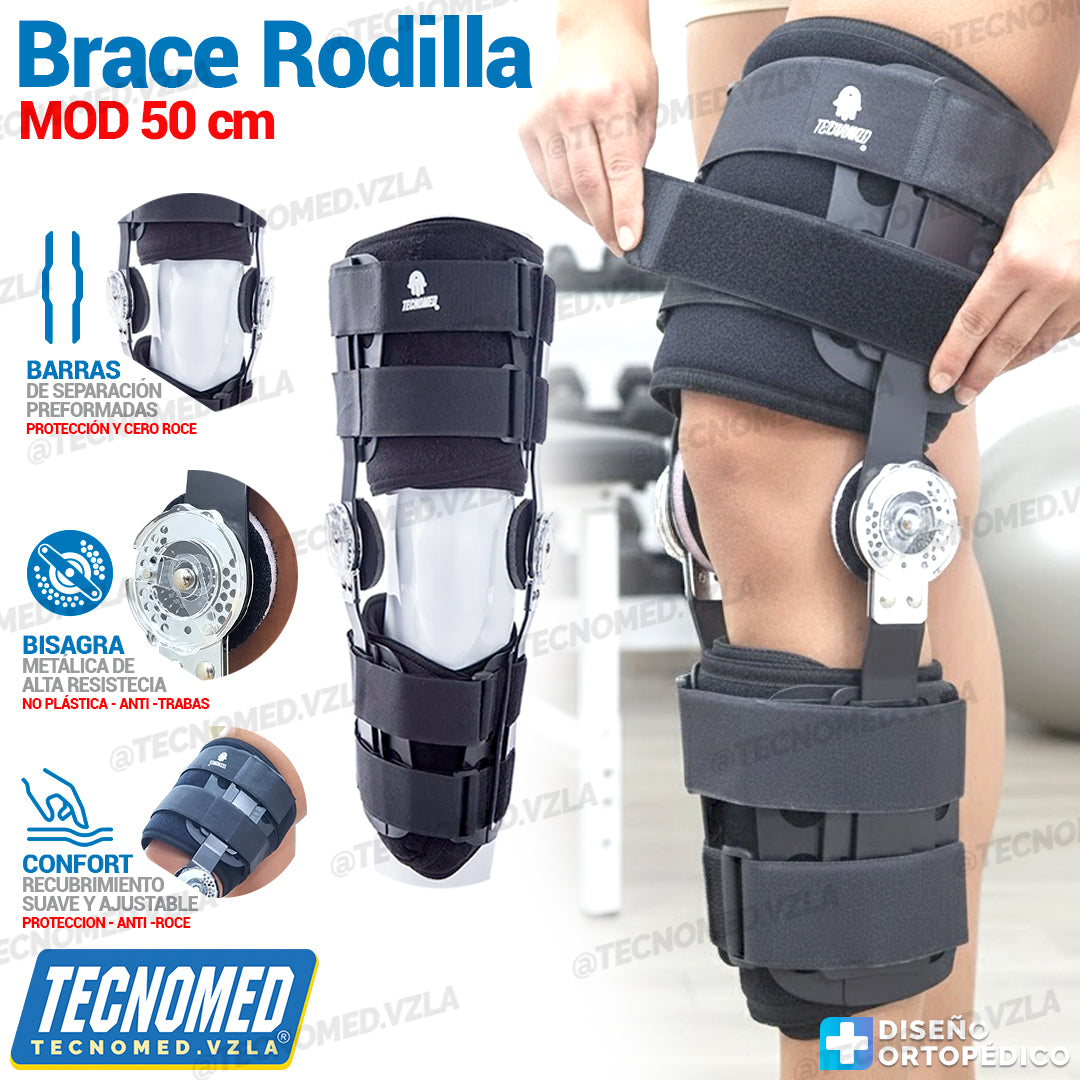 Brace de rodilla articulado Tecnomed de longitud ajustable con férulas laterales para soporte postoperatorio.