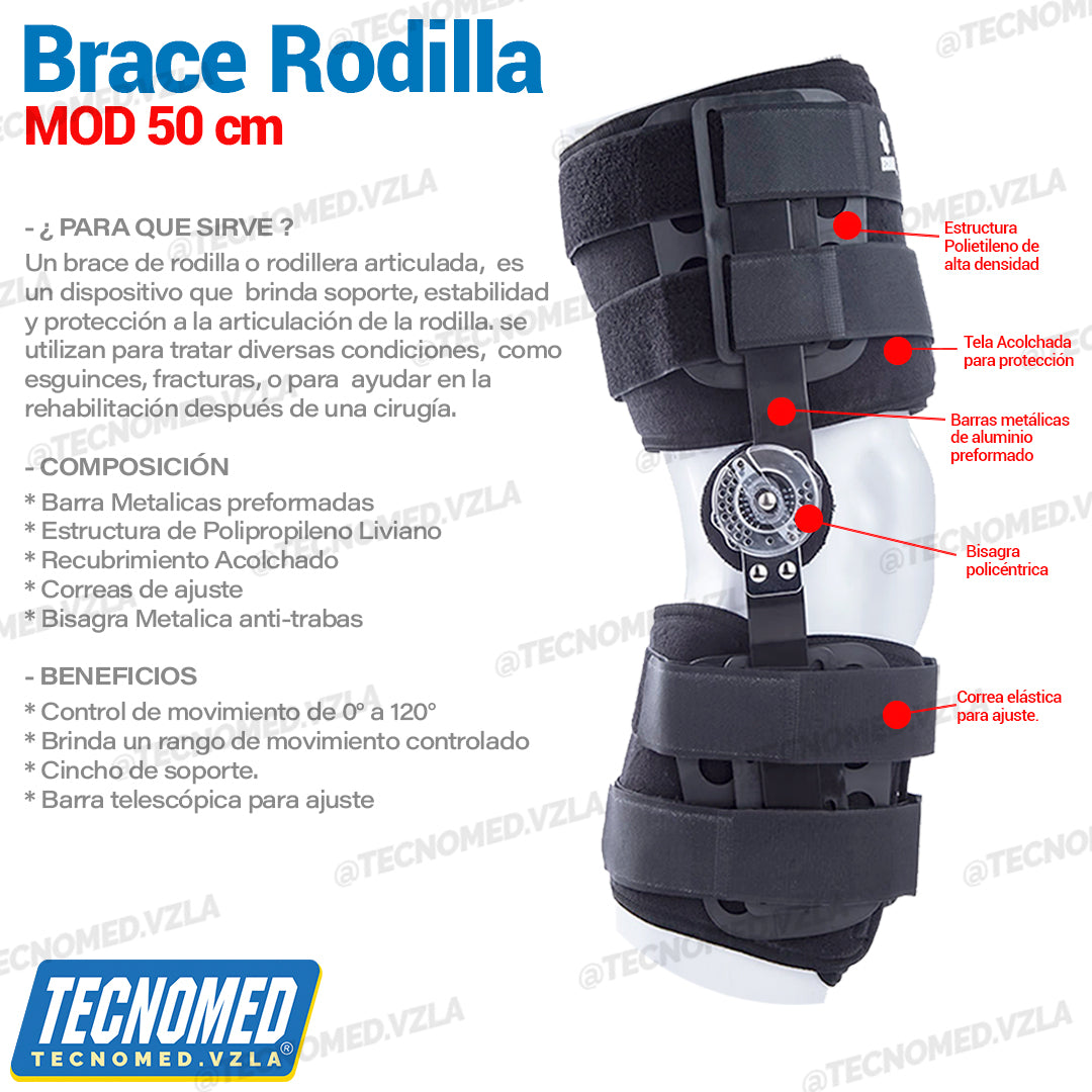 Brace de rodilla articulado Tecnomed de longitud ajustable con férulas laterales para soporte postoperatorio.