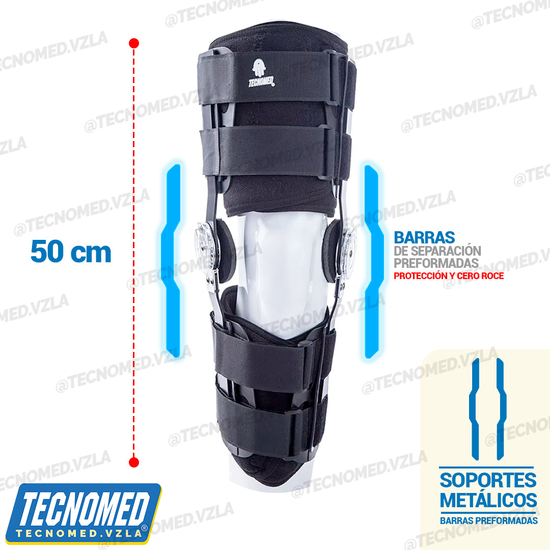 Brace de rodilla articulado Tecnomed de longitud ajustable con férulas laterales para soporte postoperatorio.