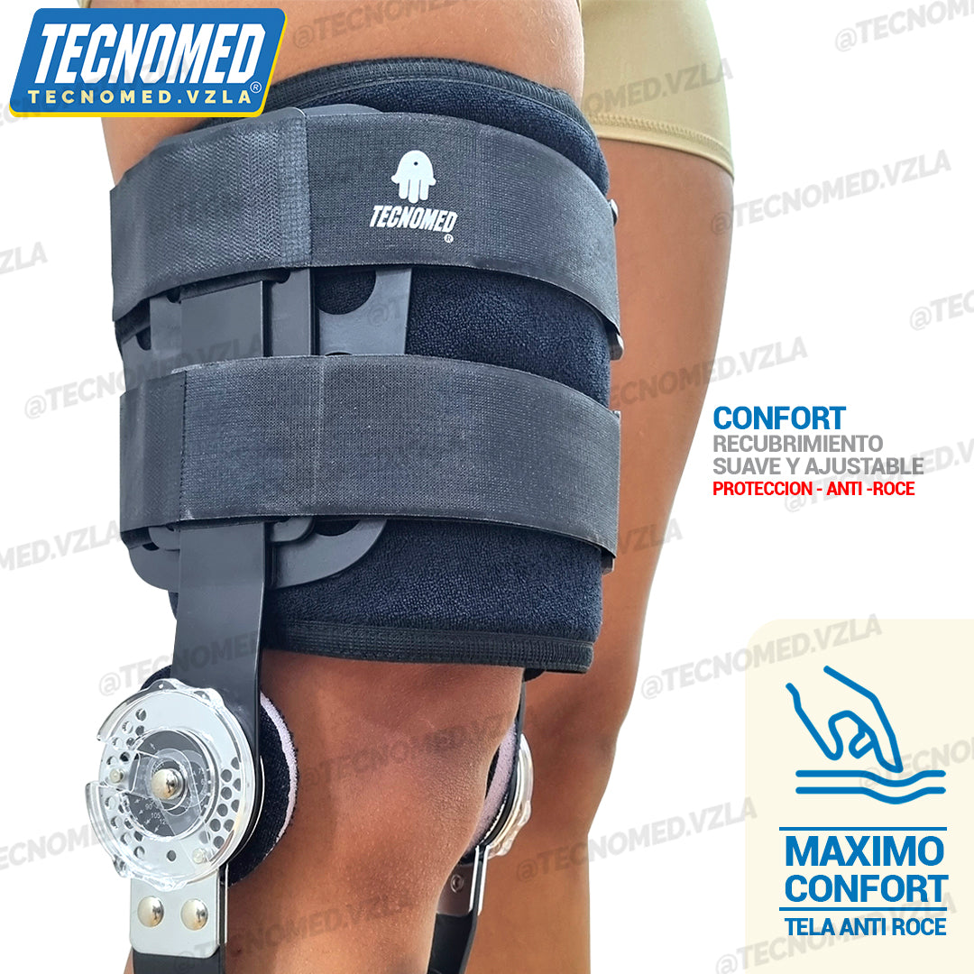 Brace de rodilla articulado Tecnomed de longitud ajustable con férulas laterales para soporte postoperatorio.