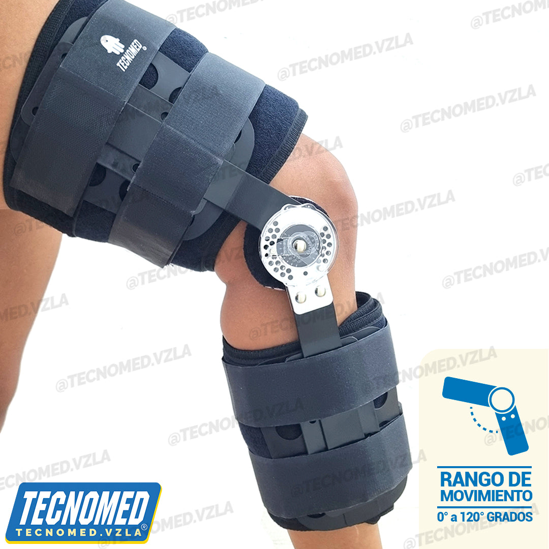 Brace de rodilla articulado Tecnomed de longitud ajustable con férulas laterales para soporte postoperatorio.