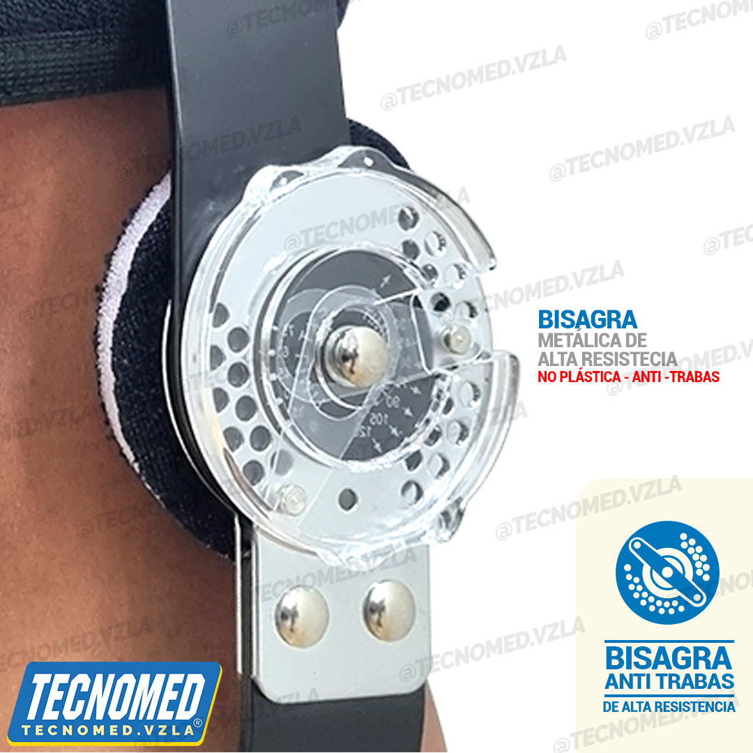Brace de rodilla articulado Tecnomed de longitud ajustable con férulas laterales para soporte postoperatorio.