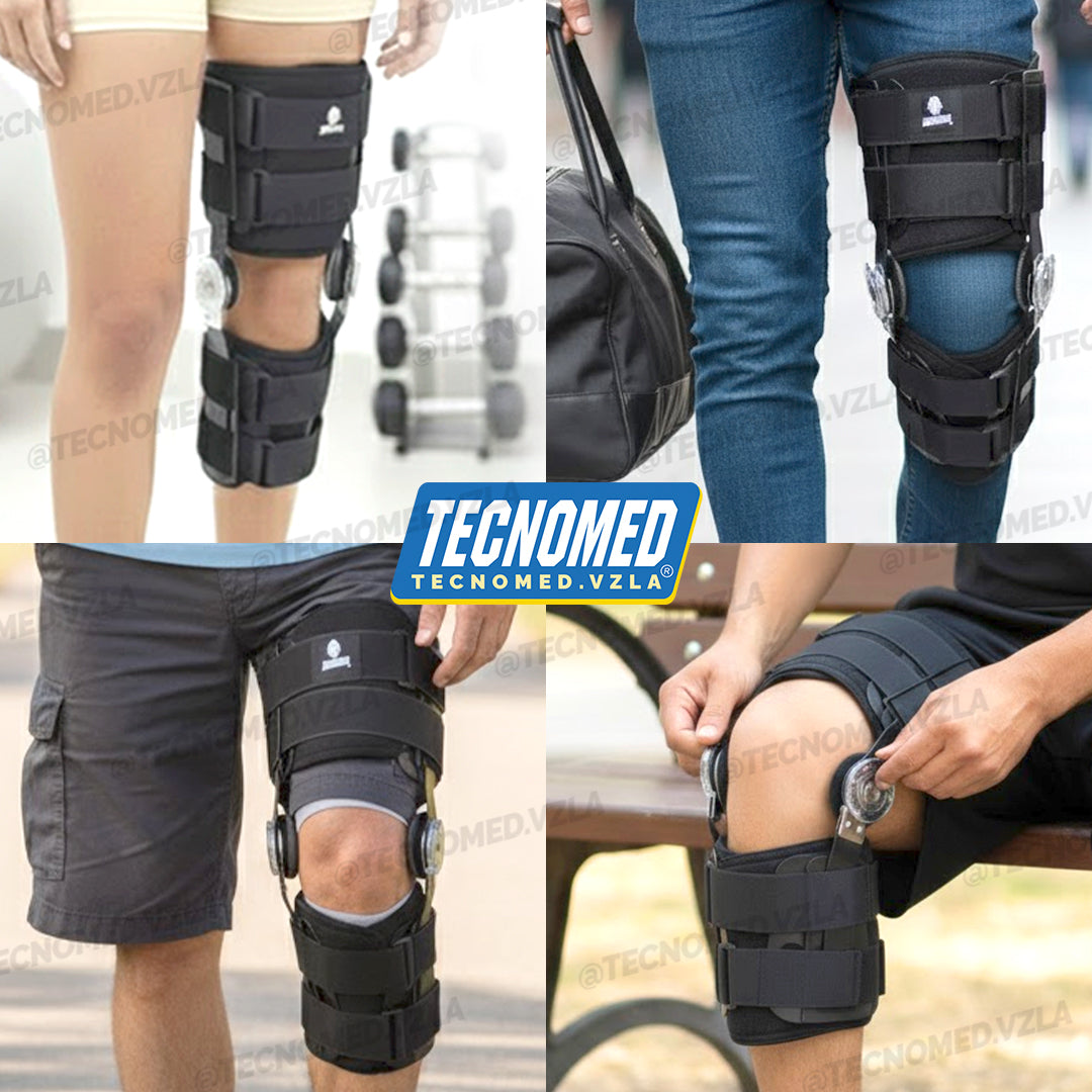 Brace de rodilla articulado Tecnomed de longitud ajustable con férulas laterales para soporte postoperatorio.