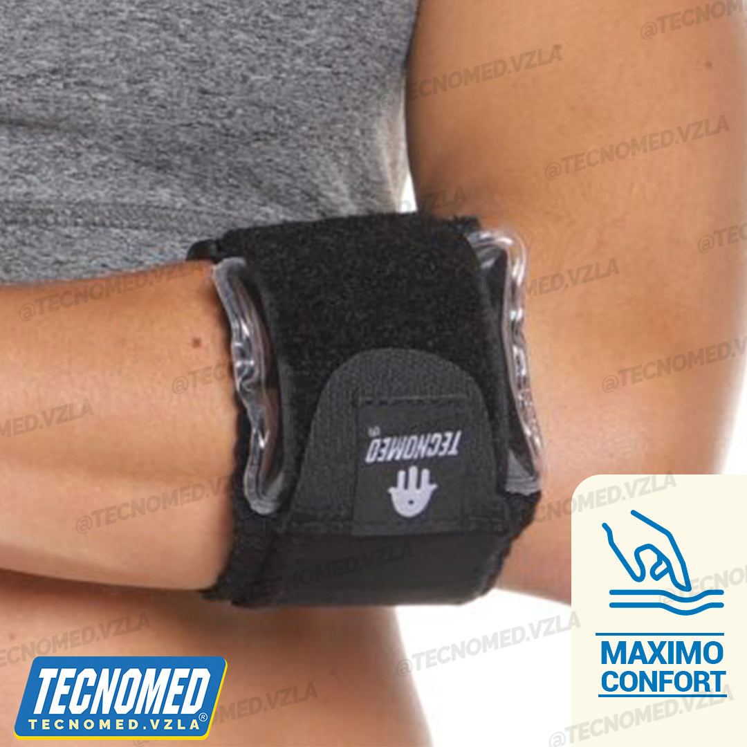 Soporte de codo ortopédico ajustable Tecnomed para epicondilitis y alivio de tendinitis.