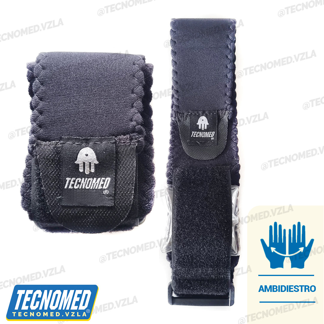 Soporte de codo ortopédico ajustable Tecnomed para epicondilitis y alivio de tendinitis.