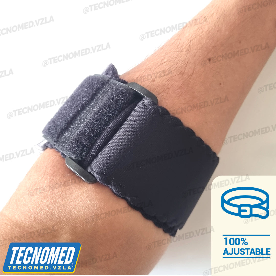 Soporte de codo ortopédico ajustable Tecnomed para epicondilitis y alivio de tendinitis.