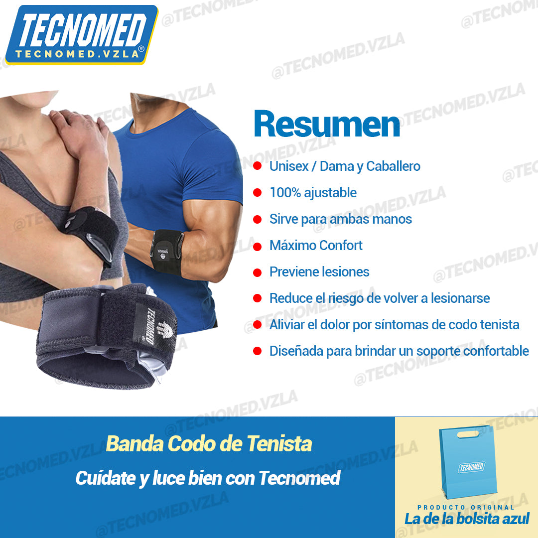 Soporte de codo ortopédico ajustable Tecnomed para epicondilitis y alivio de tendinitis.