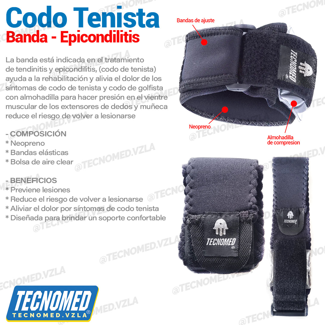 Soporte de codo ortopédico ajustable Tecnomed para epicondilitis y alivio de tendinitis.