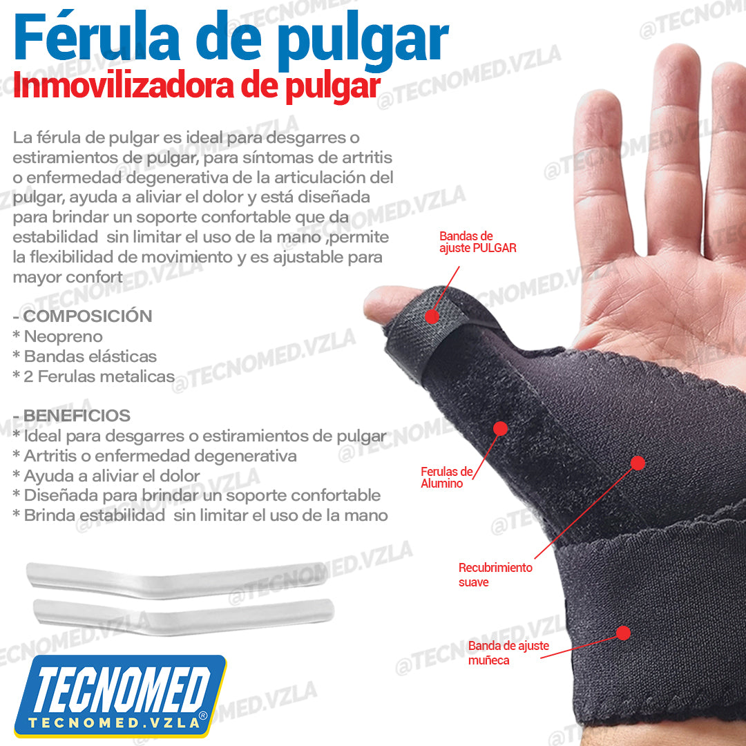 Férula inmovilizadora de pulgar Tecnomed con soporte para tendinitis y rizartrosis.