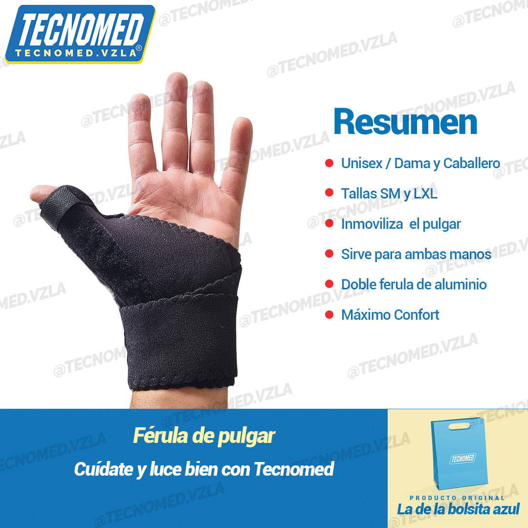 Férula inmovilizadora de pulgar Tecnomed con soporte para tendinitis y rizartrosis.