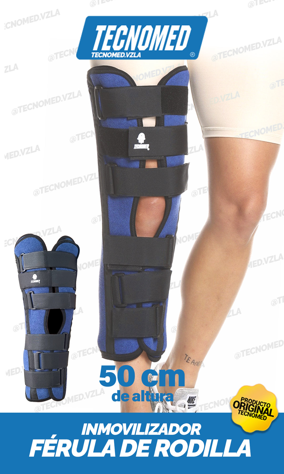 Férula de rodilla inmovilizadora Tecnomed con soportes posteriores para recuperación postoperatoria.