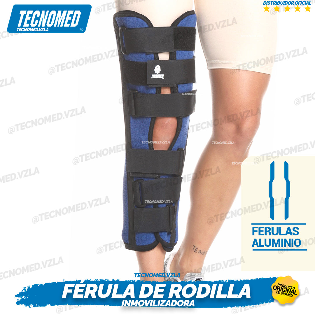 Férula de rodilla inmovilizadora Tecnomed con soportes posteriores para recuperación postoperatoria.