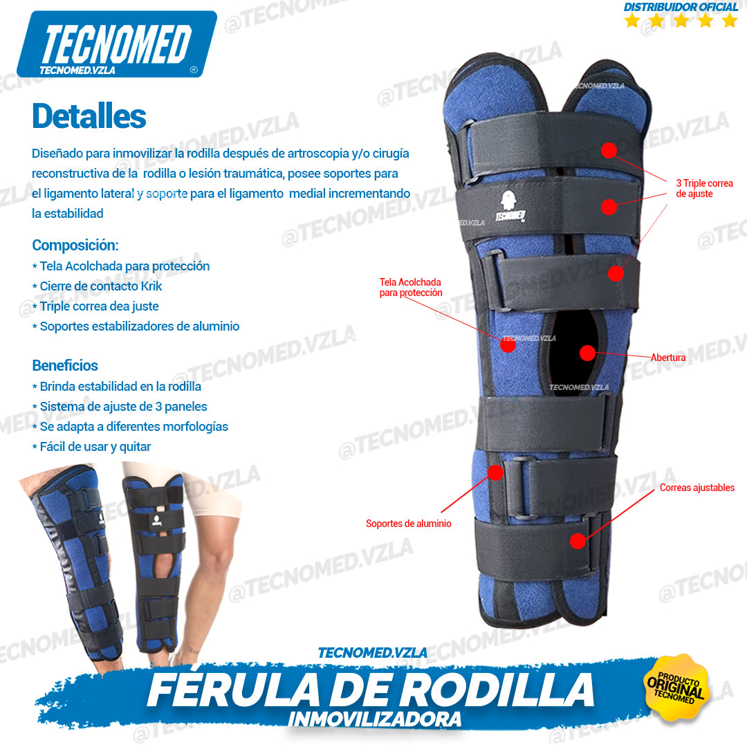 Férula de rodilla inmovilizadora Tecnomed con soportes posteriores para recuperación postoperatoria.