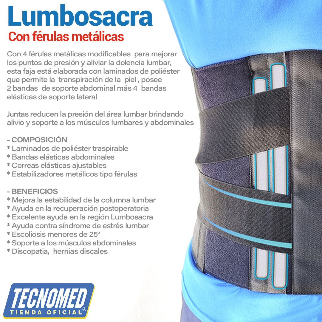 Faja lumbosacra Tecnomed con refuerzos posteriores para alivio del dolor lumbar y soporte.
