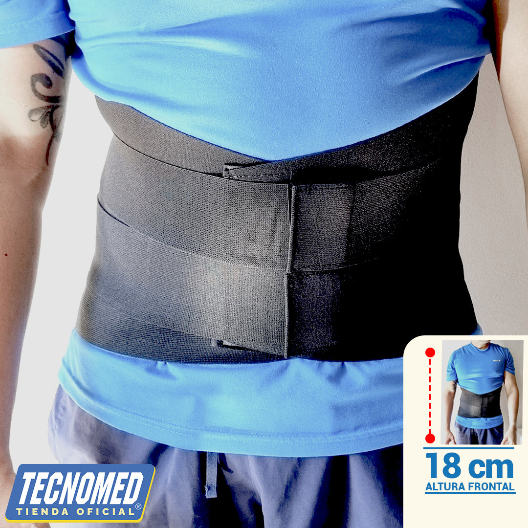 Faja lumbosacra Tecnomed con refuerzos posteriores para alivio del dolor lumbar y soporte.
