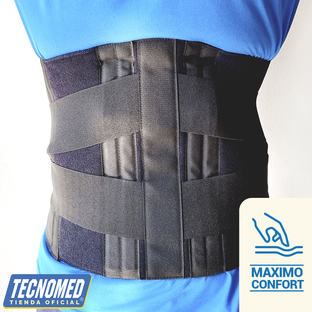 Faja lumbosacra Tecnomed con refuerzos posteriores para alivio del dolor lumbar y soporte.