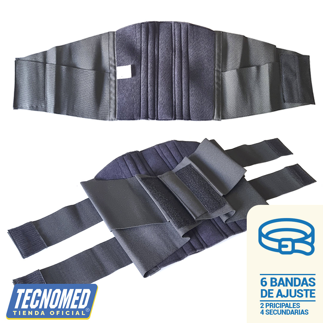 Faja lumbosacra Tecnomed con refuerzos posteriores para alivio del dolor lumbar y soporte.