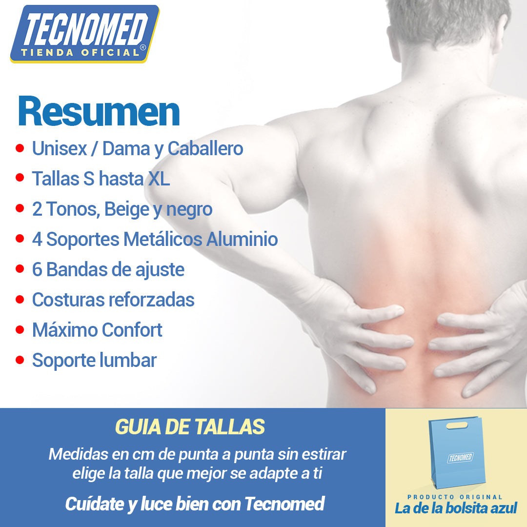 Faja lumbosacra Tecnomed con refuerzos posteriores para alivio del dolor lumbar y soporte.