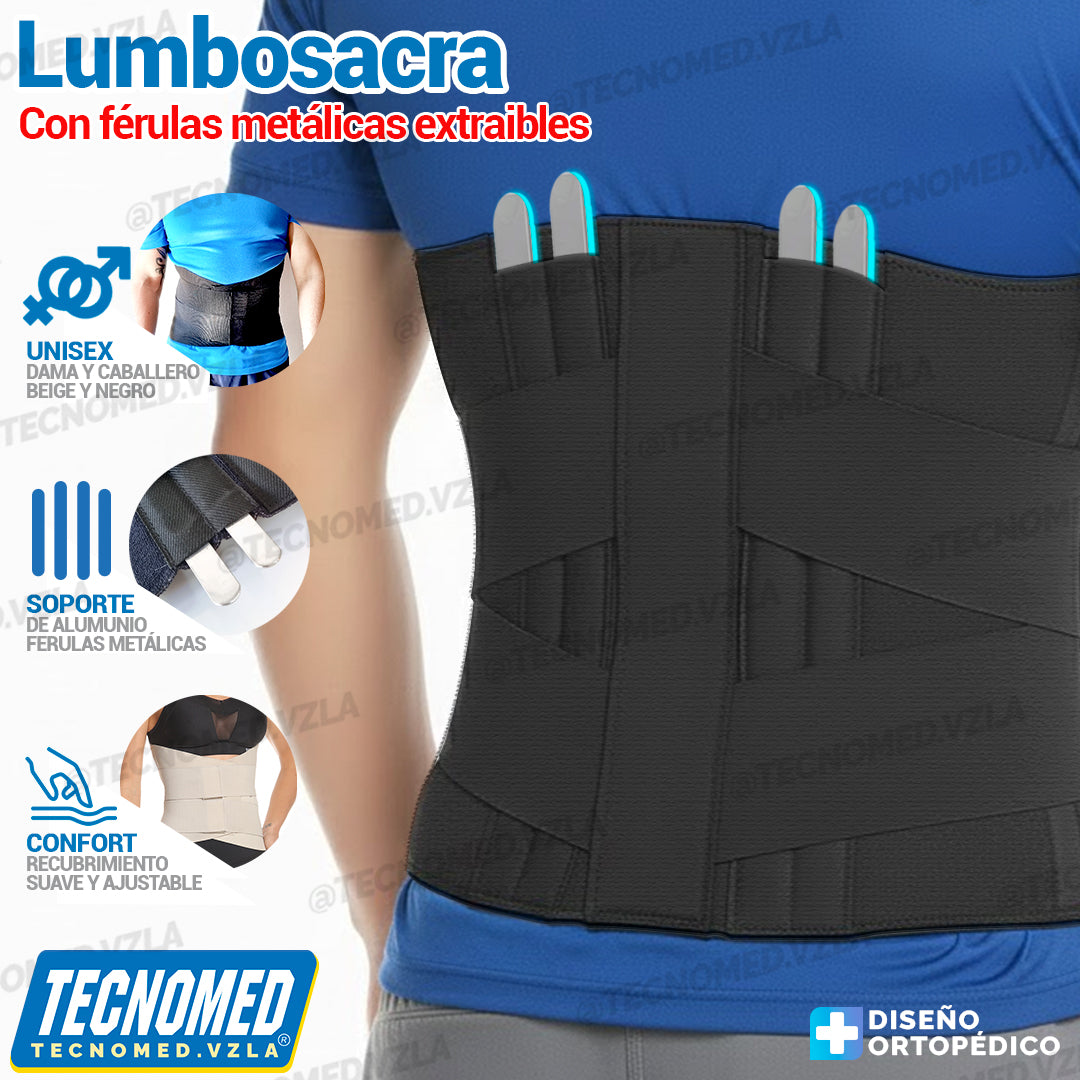 Faja lumbosacra Tecnomed con refuerzos posteriores para alivio del dolor lumbar y soporte.