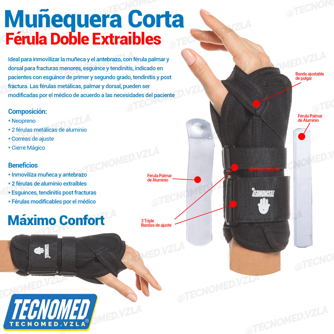 Muñequera ortopédica Tecnomed con doble férula soporte e inmovilización de brazo y muñeca