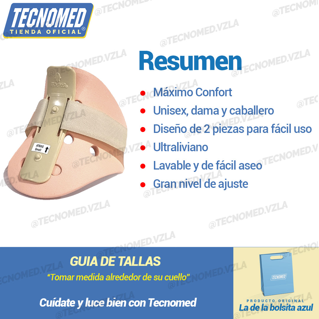 Collarín cervical ortopédico Tecnomed para soporte y estabilización de cuello y cervicales.
