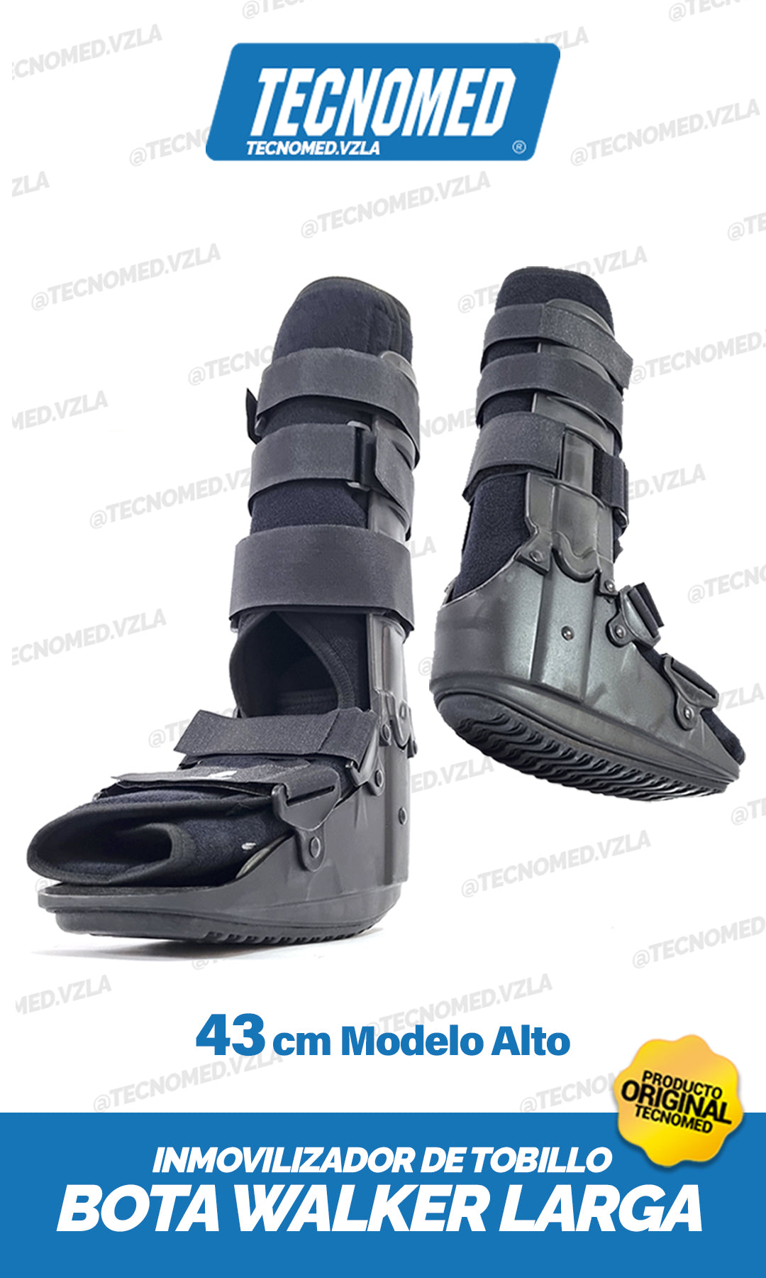 Bota ortopédica de marcha larga Tecnomed con soporte rígido para fracturas de pierna y tobillo.