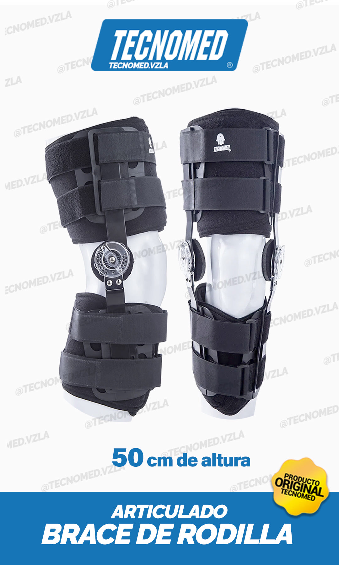Brace de rodilla articulado Tecnomed de longitud ajustable con férulas laterales para soporte postoperatorio.