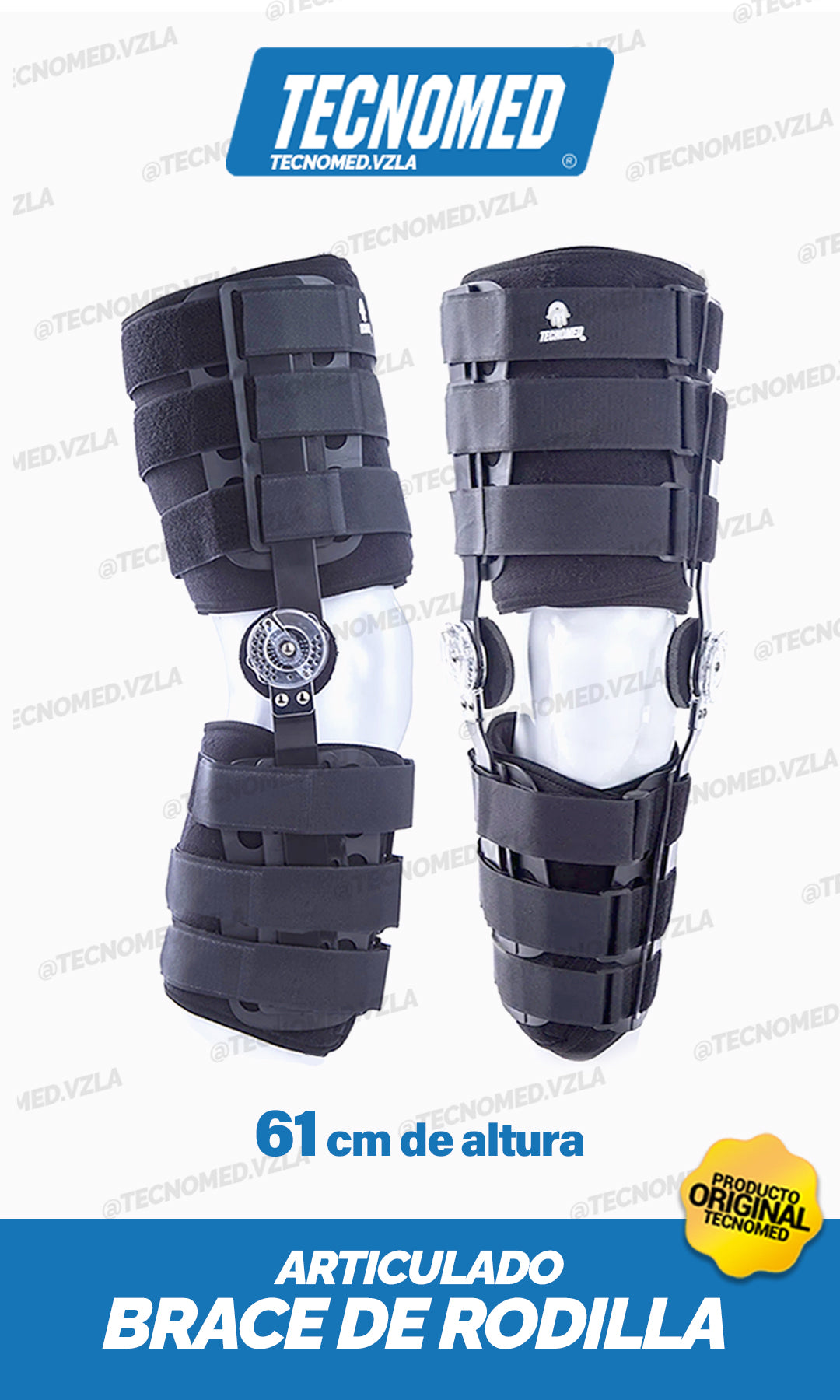 Brace de rodilla articulado Tecnomed de longitud ajustable con férulas laterales para soporte postoperatorio.