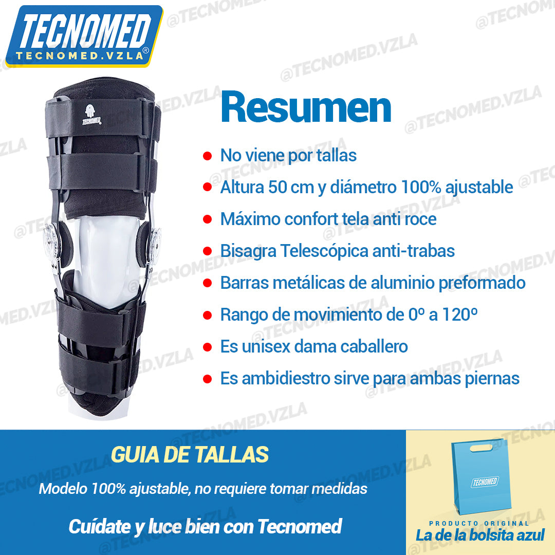 Brace de rodilla articulado Tecnomed de longitud ajustable con férulas laterales para soporte postoperatorio.