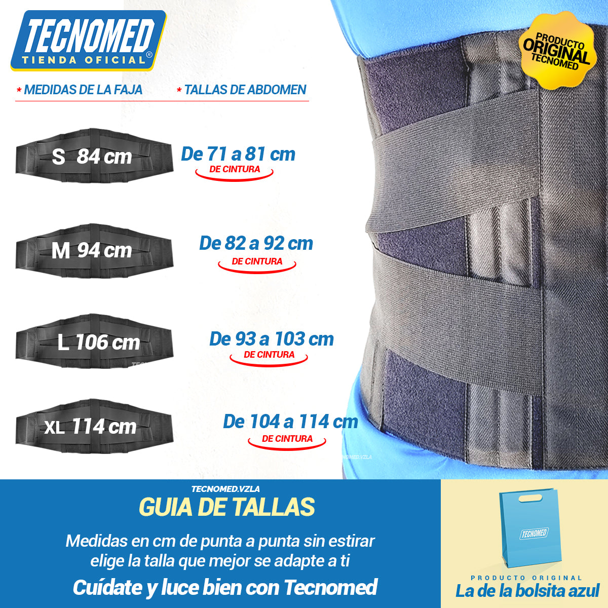 Faja lumbosacra Tecnomed con refuerzos posteriores para alivio del dolor lumbar y soporte.