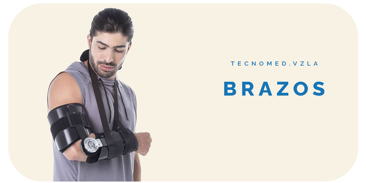 Modelo usando brace de codo articulado y ajustable Tecnomed con mecanismo extensible para soporte y recuperación de brazo.