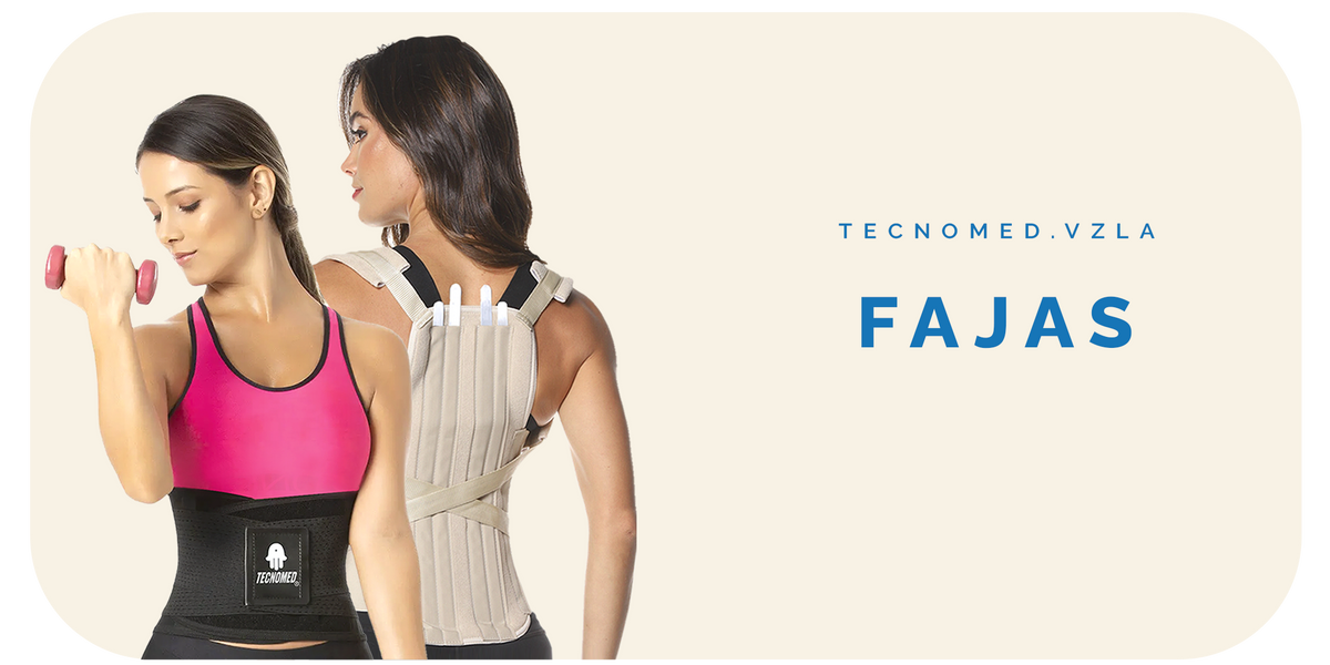 Modelos usando fajas ortopédicas y deportivas Tecnomed para soporte lumbar y corrección de postura.