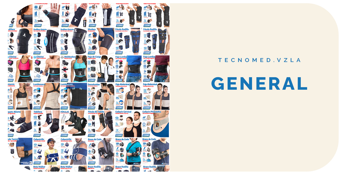 Catálogo completo de soportes ortopédicos, fajas y equipos de rehabilitación Tecnomed para todo el cuerpo.