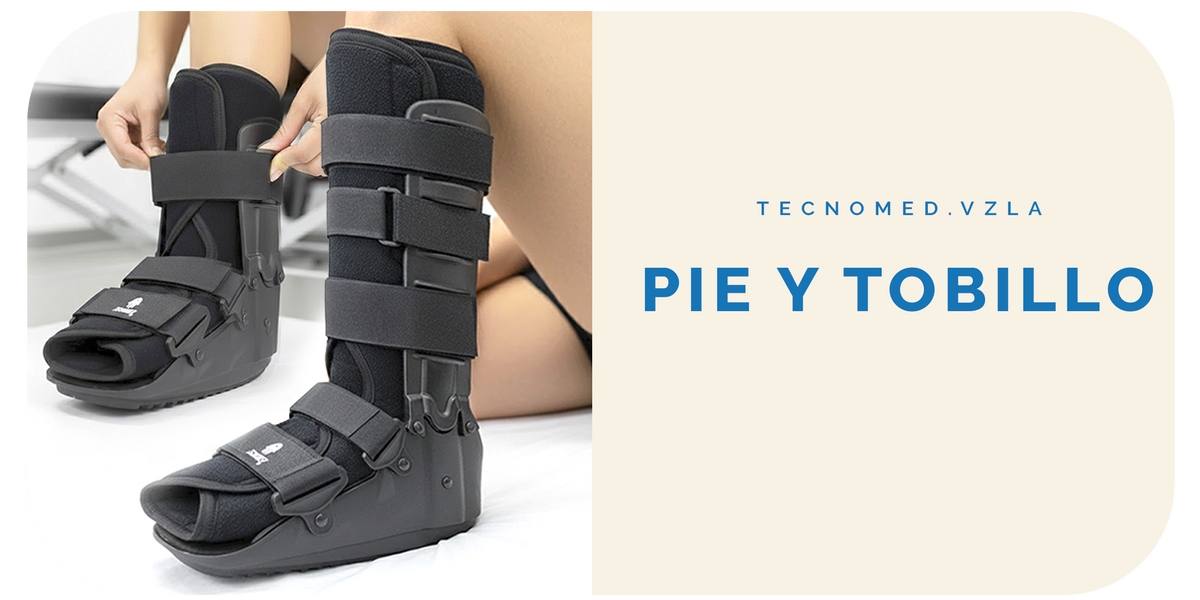 Bota ortopédica de marcha Tecnomed para pie y tobillo con suela rígida y sistema de correas ajustables.