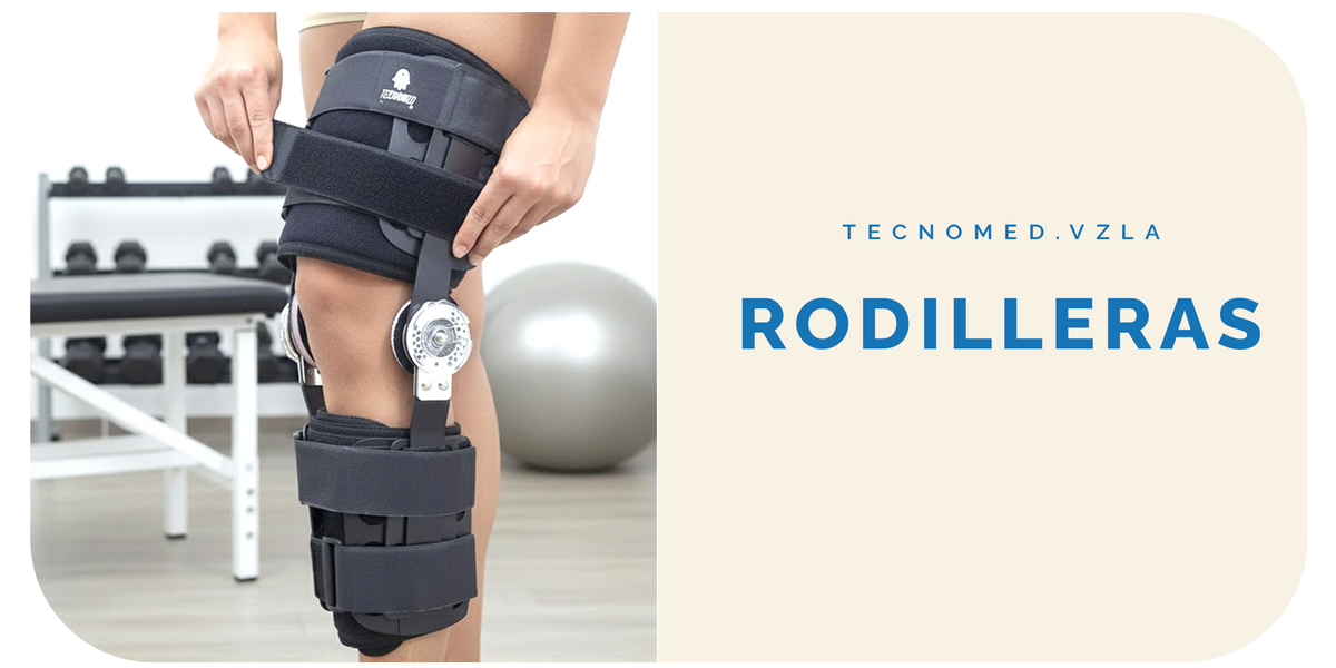 Persona ajustando rodillera articulada ortopédica Tecnomed con férulas laterales para soporte.